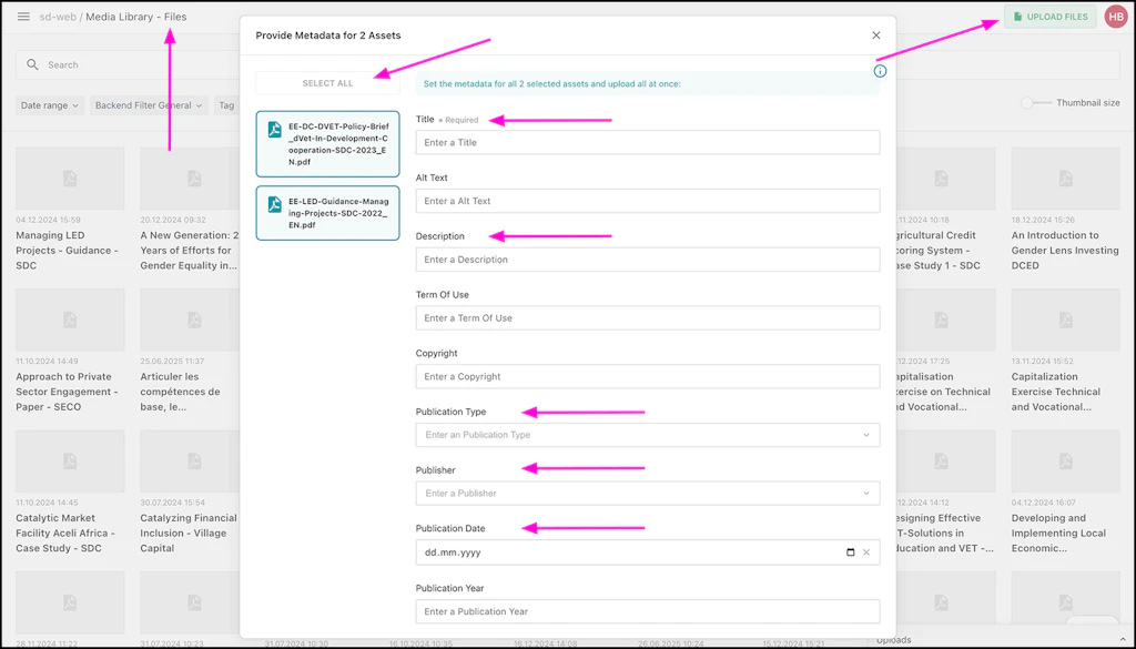 Screenshot of the Livingdocs backend to show the place of the button or text field mentioned in the text.