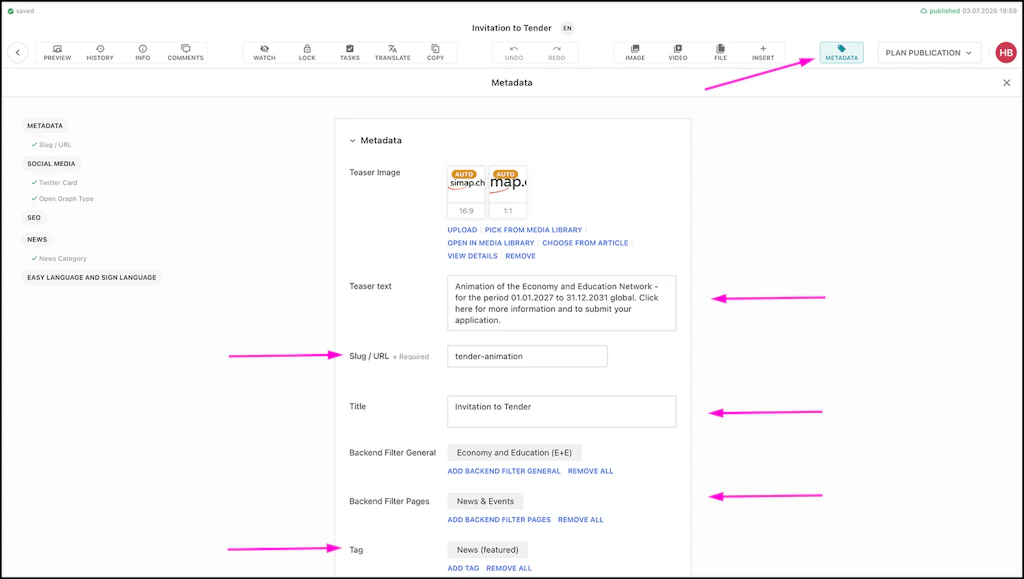 Screenshot of the Livingdocs backend to show the place of the button or text field mentioned in the text.