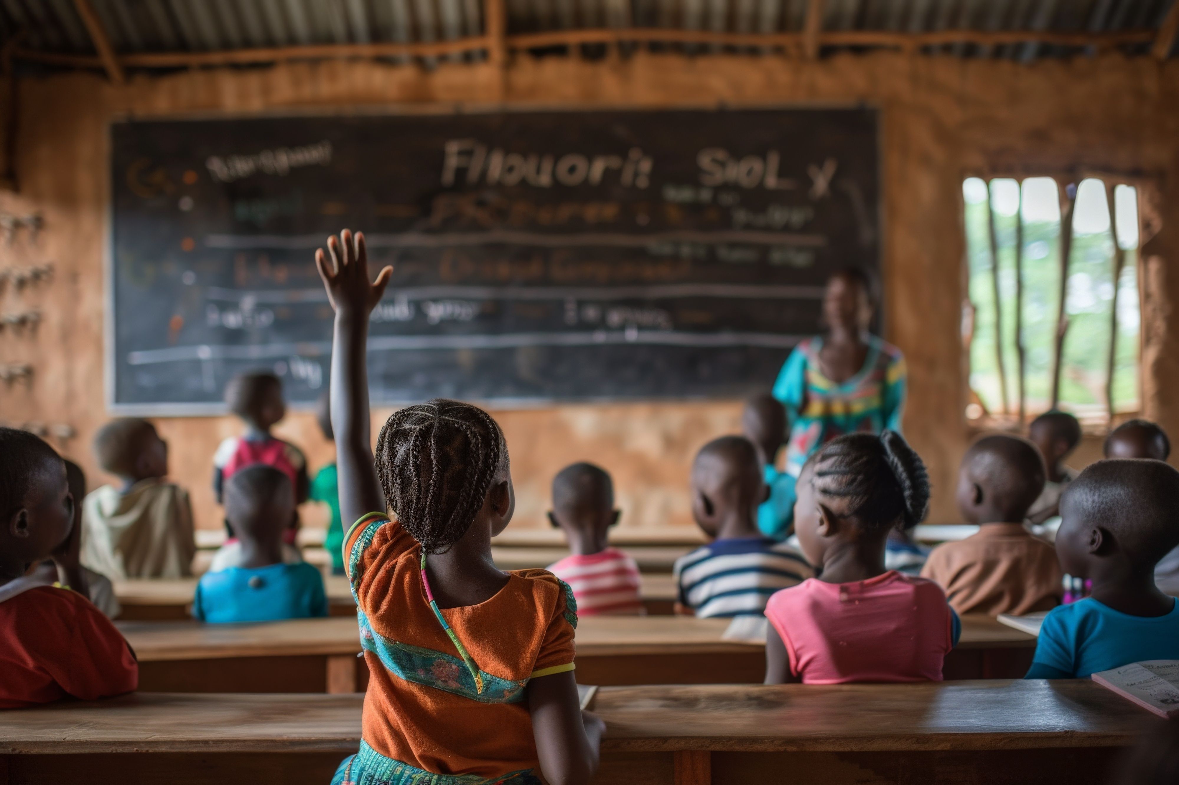 School children in a classroom, one raising a hand to participate. The teacher stands at the blackboard.