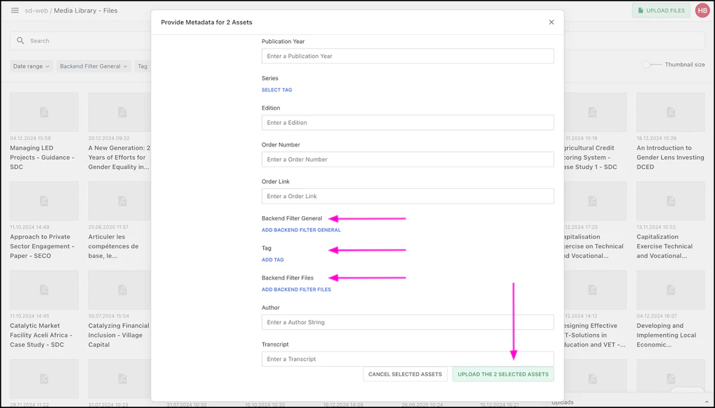Screenshot of the Livingdocs backend to show the place of the button or text field mentioned in the text.