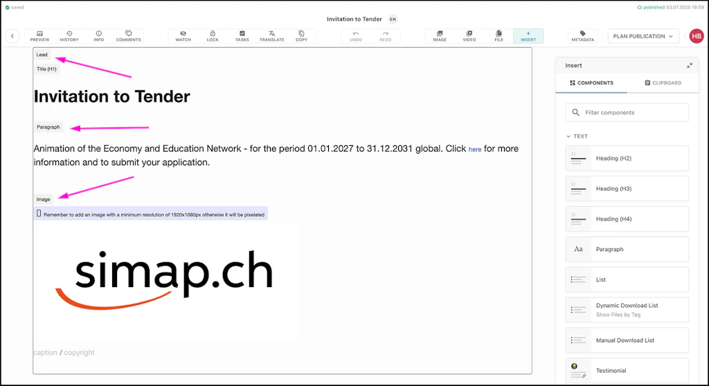 Screenshot of the Livingdocs backend to show the place of the button or text field mentioned in the text.