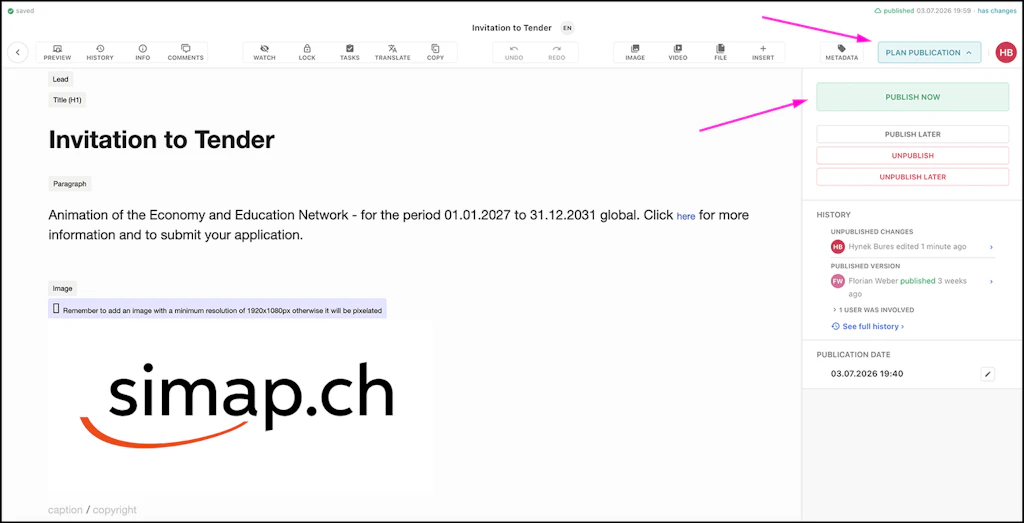 Screenshot of the Livingdocs backend to show the place of the button or text field mentioned in the text.