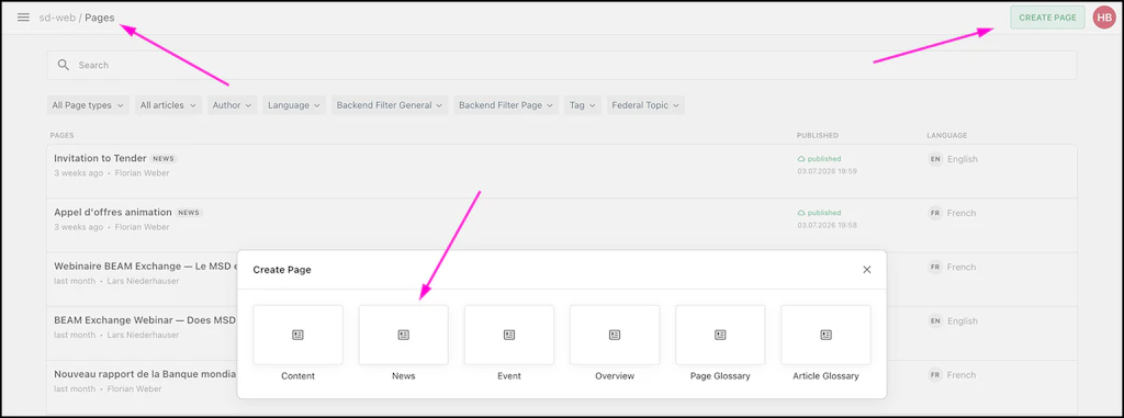 Screenshot of the Livingdocs backend to show the place of the button or text field mentioned in the text.