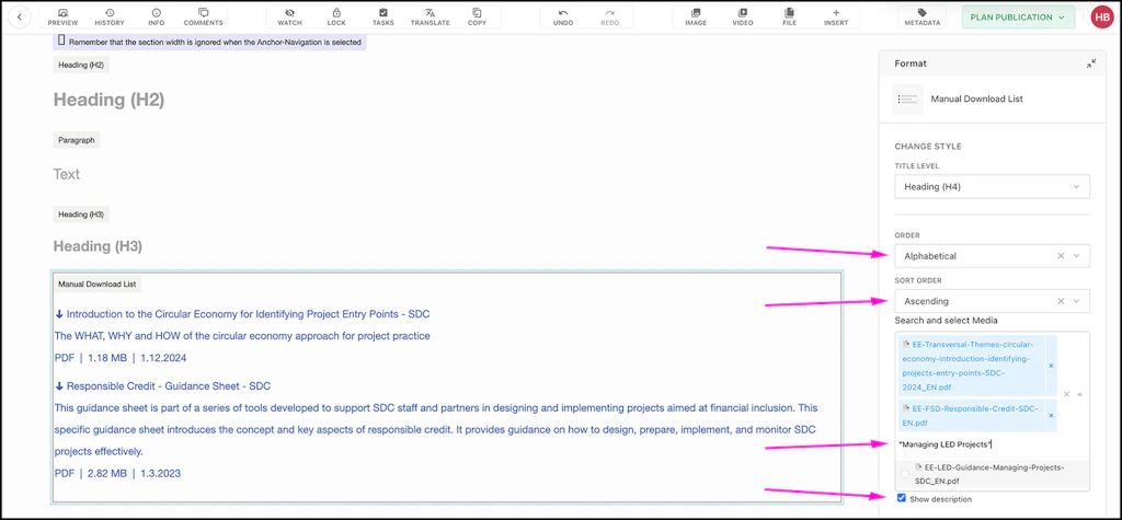 Screenshot of the Livingdocs backend to show the place of the button or text field mentioned in the text.