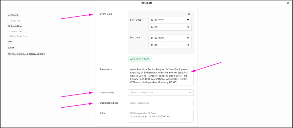 Screenshot of the Livingdocs backend to show the place of the button or text field mentioned in the text.