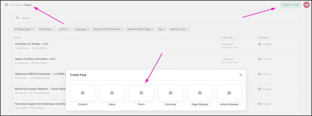 Screenshot of the Livingdocs backend to show the place of the button or text field mentioned in the text.