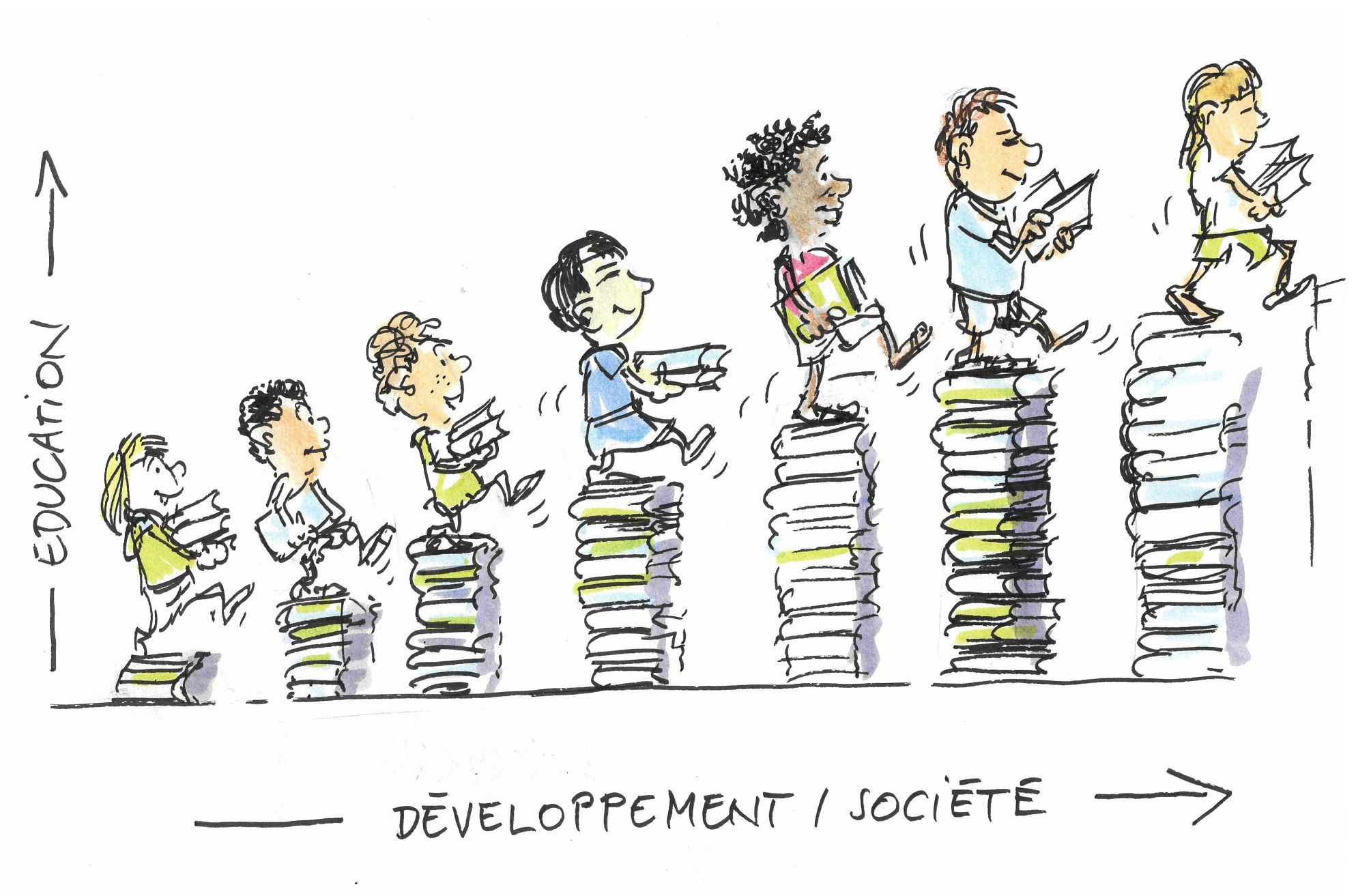 Cartoon showing the connection between education and growing development of society through children stepping on an upward ladder made of piled books