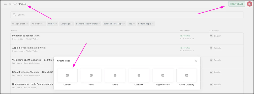 Screenshot of the Livingdocs backend to show the place of the button or text field mentioned in the text.