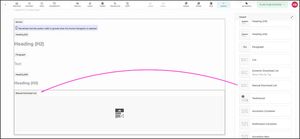 Screenshot of the Livingdocs backend to show the place of the button or text field mentioned in the text.