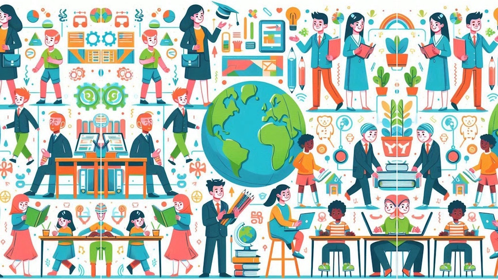 Graphique de style bande dessinée montrant des adultes et des enfants en train d'apprendre ou d'enseigner.